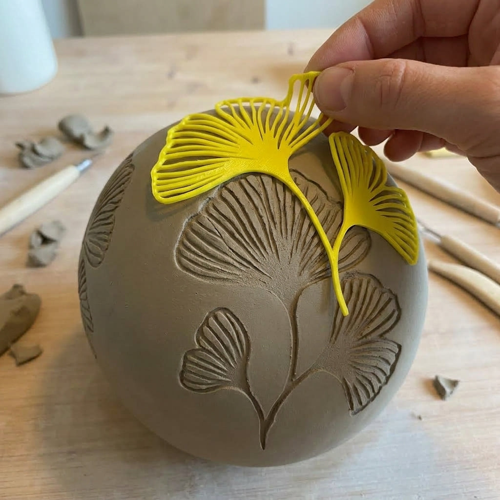 Ginkgo Stempel von ARTHummeln, detailreiches Design, ideal für kreative Drucke, auf weißem Hintergrund.