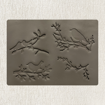 Vier Töpferstempel mit Vogel- und Astmotiven, ideal für Keramik- und Tonarbeiten, aus dem Tonstempel und Überformen Set.