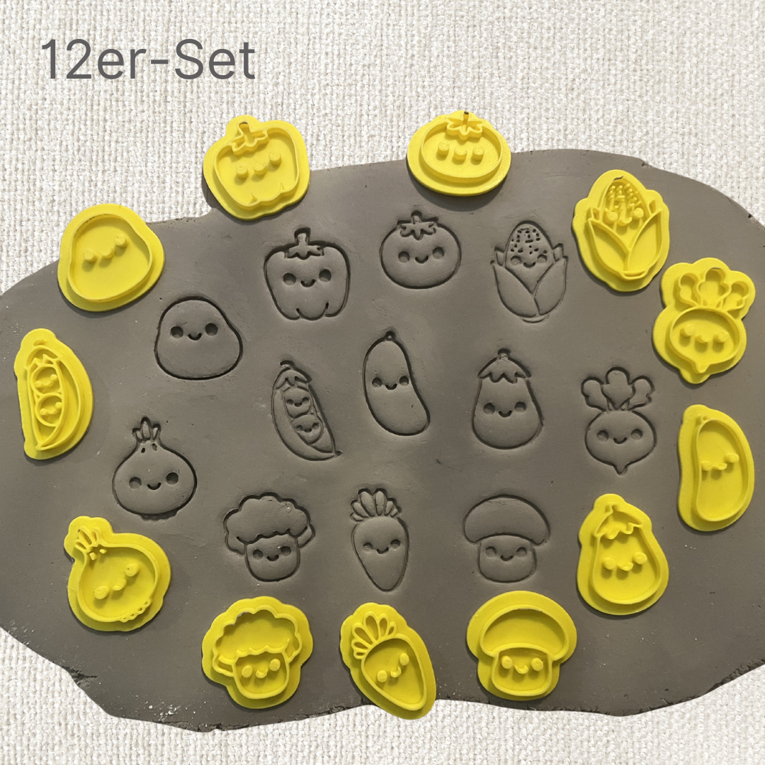 12er Set Gemüse Stempel von ARTHummeln, kreative Küchenstempel für Gemüse, detaillierte Designs auf weißem Hintergrund