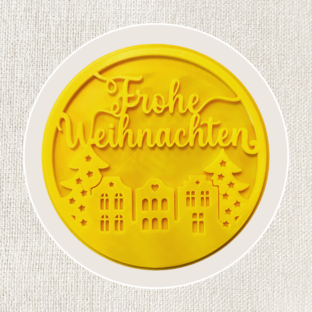 Runder Tonstempel mit Weihnachtsmotiv, Frohe Weihnachten Kreis, für Keramik- und Töpferarbeiten, aus dem Tonstempel Shop