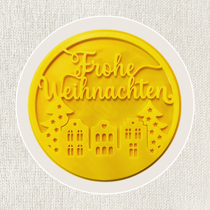 Runder Tonstempel mit Weihnachtsmotiv, Frohe Weihnachten Kreis, für Keramik- und Töpferarbeiten, aus dem Tonstempel Shop