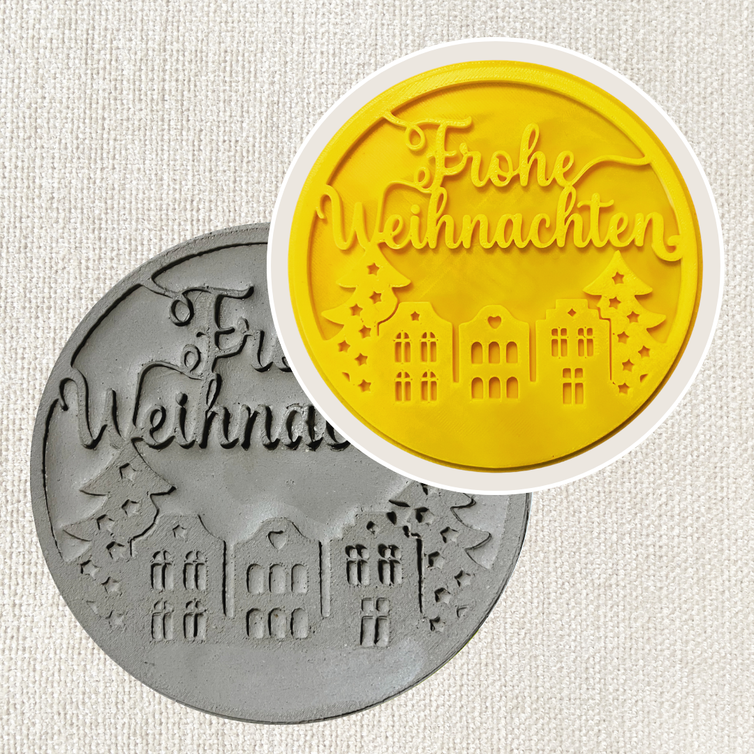 Töpferstempel "Frohe Weihnachten" Kreis mit weihnachtlichem Design, Tonstempel für Keramik und Töpferwaren