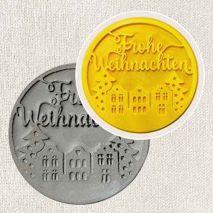 Töpferstempel "Frohe Weihnachten" Kreis mit weihnachtlichem Design, Tonstempel für Keramik und Töpferwaren