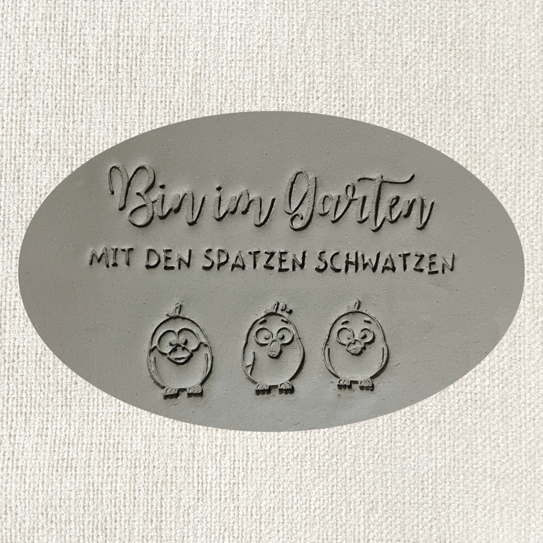 Tonstempel "Spatzen schwatzen" für Gartendekoration, zeigt zwei Spatzen, ideal für Töpfer- und Keramikprojekte