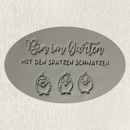 Tonstempel "Spatzen schwatzen" für Gartendekoration, zeigt zwei Spatzen, ideal für Töpfer- und Keramikprojekte